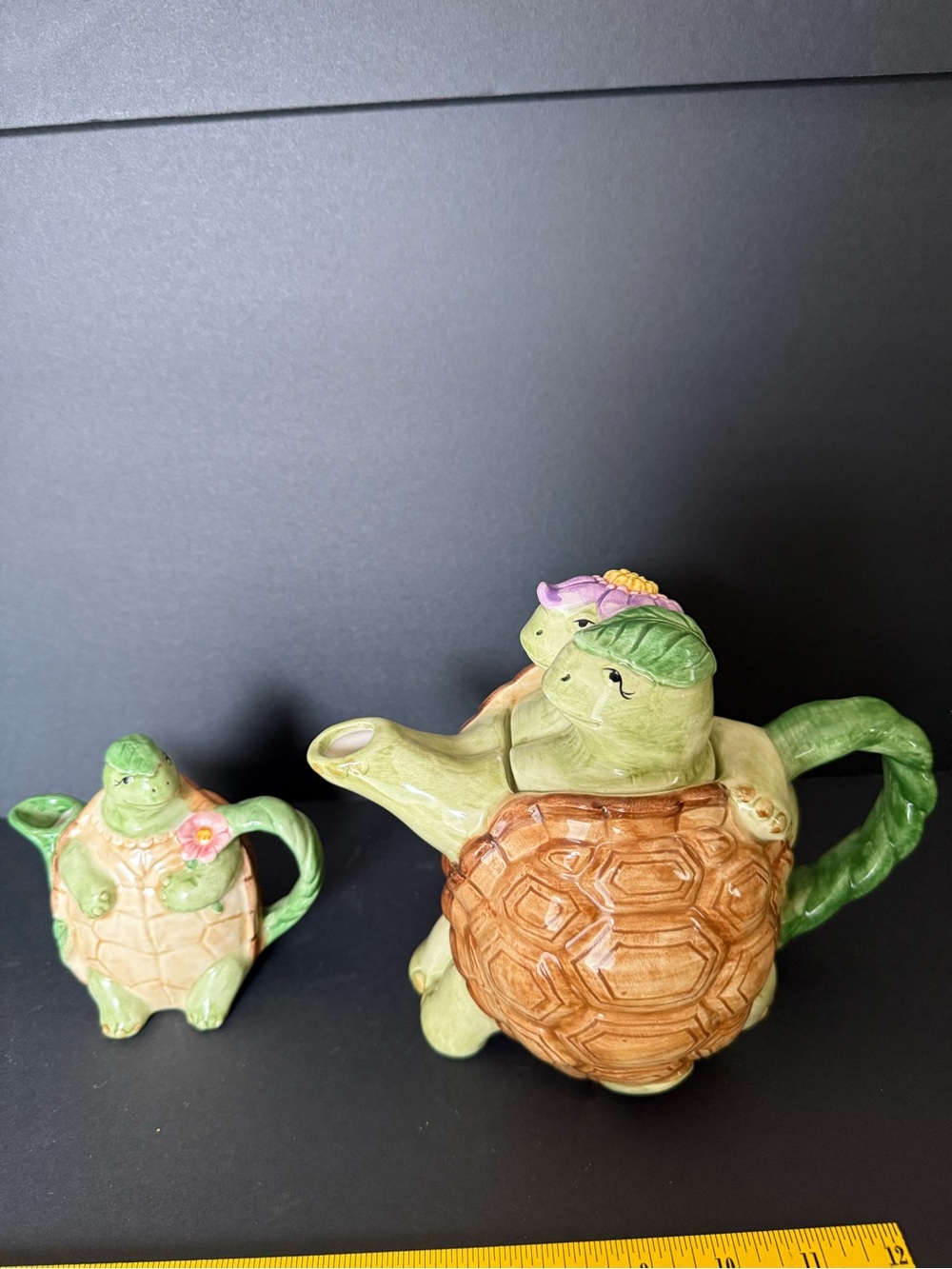 Whimsical Green and Brown Turtle Teapot & Creamer Set for Otigiri